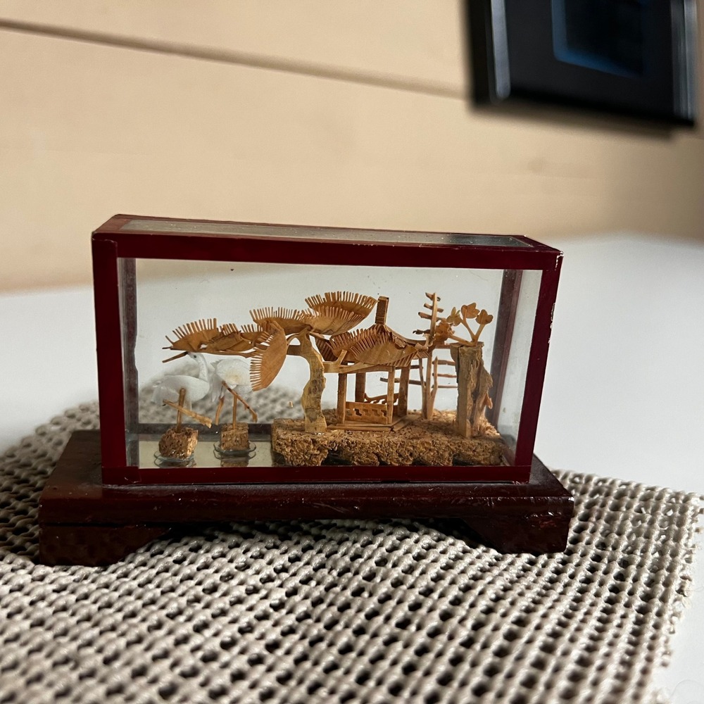 Vintage Chinese Cork Carving Diorama Glass Case Pagoda Cranes Miniature Art